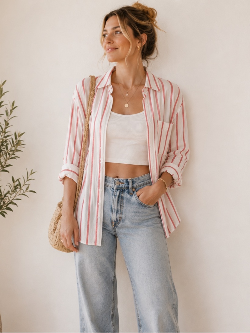 Z Supply Pink and White Striped Button Down Shirt